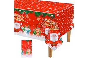 PLULON Christmas Tablecloth Plastic Snowflake Tablecloth Rectangle Red Xmas Table Cloth Santa Snowman Elk Table Cover for Christmas Holiday Birthday Party Dinner Table Decorations, 137×274 CM