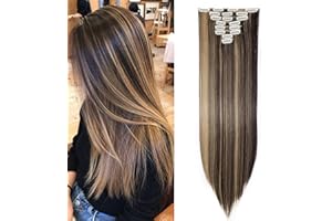 S-NOILITE Extensiones de Cabello Natural Clip in Extensions Cabeza llena 8 Piezas 18 Clips Sintético Resistente al Calor Pedazo de Cabello Recto 66cm Castaño oscuro & rubio ceniza