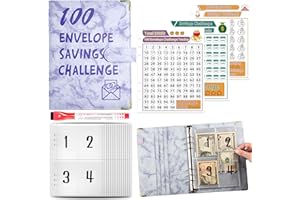 MATHARAGO 100 Envelope Savings Challenge Binder, Budget Planner with Cash Envelopes, A5 PU Leather Notebook 100 Day Money Saving Challenge Binder with 25 Four-cell Inner Cash Envelopes (Marble Purple)