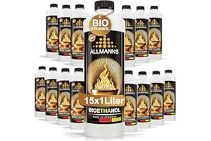 Allmanns Bioethanol 15 x 1l 100% | Bio Ethanol 100 Prozent | Reiner Bioalkohol geeignet für Indoor & Outdoor | ideal für Tischkamin Tischfeuer Kaminofen Feuerstelle Feuersäule