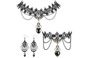 LOLIAS Halloween Collana Braccialetto Orecchini Set per Le Donne Pizzo Nero Lolita Steampunk Vampiro Vittoriano Gotico Natale Gioielli Set