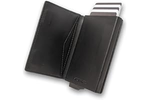 Stealth Wallet RFID Portfel na Karty - Smart Minimalistyczne Pop Up Portfele - Smukłe Lekkie Metalowe Uchwyty na Karty Kredytowe i Ochrona Bezdotykowa (Czarna Skóra, Magnetyczne Zamknięcie)