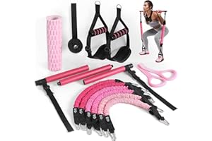 ALongSong Pilates Equipment Pilates Reformer Bar Set With 6 Elastic Resistance Bands 180LBS/240LBS/360LBS & Door Anchor for Full-Body Fitness Toning & Muscle Building | Home Workout/Gym/Travel