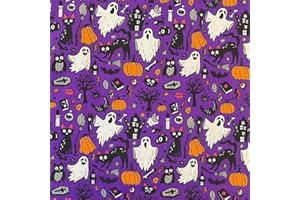 KAYES TEXTILES Halloween Polycotton Fabric Cats and Pumpkins 44" Wide 112cm (Per Metre) (Purple)