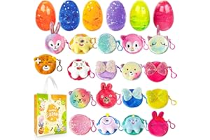 AVISKI 18 unidades de huevos de Pascua de mármol coloridos prellenos con bonito monedero, monedero de dibujos animados de felpa regalos de Pascua para niñas niños pequeños juguetes cesta de juguetes de
