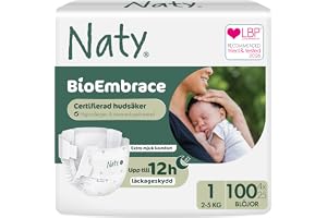 Naty BioEmbrace Blöjor till Nyfödd, Stl 1 (2–5kg), 100 stycken | Hypoallergen för känslig hud, Upp till 12h läckageskydd, Absorberande, Växtbaserad och supermjuk, Premium komfort, Parfymfri