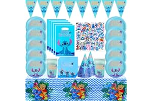 Forhome 108 Stück Stitch Party Geschirr, Lilo und Stitch Geburtstag deko, Enthält Servietten, Teller, Tischdecken, Tasse, Geschenkbeutel, Für Partydekorationen zum Thema Kindergeburtstag 10 GäSte