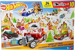 Mattel Hot Wheels Kalendarz adwentowy Zestaw do zabawy, 10 samochodów zabawek w skali 1:64, 10 ozdobnych klipsów i 14 zimowych akcesoriów, JCB47