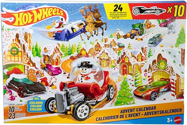 Hot Wheels Calendrier de l’Avent 2025, avec 10 véhicules à l’échelle 1/64, 10 clips de présentation et 14 accessoires sur le thème de l’hiver, JCB47