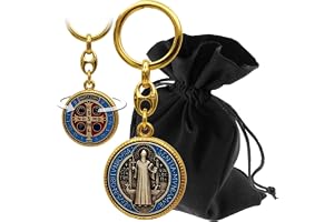 Lunexus Benediktus nyckelring – välsignad – St Benedict medalj med prägling och dubbelsidig design – present med sammetspåse
