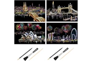 Noël Cadeau Image à Gratter - H HOMEWINS 400×285MM Tableaux à Gratter Dessins à Gratter Scratch Art - Loisirs Créatifs pour Enfants (Cologne Cathedral + Tower Bridge + Sydney Opera House + Singapore)