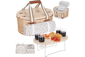 ZETTFULY Picknickkorb-Set für 4 Personen – Isolierter Weidenkorb mit wasserdichter Decke, klappbarem Picknicktisch für Wein & Bestecksets, Picknickkörbe-Set für Camping, Outdoor, Valentinstag (Kirsche)