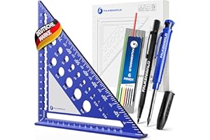 Falkenwald® 5 en 1 Equerre Menuisier 180mm + Crayon Chantier + Surface d'écriture - Avec marqueur pour trous profonds, 6 mines - Bricolage Outils de pointe à tracer pour charpentier, couvreur