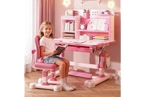 cukoekim Kids Desk and Chair Set, Height Adjustable Design, Ergonomic Study Desk with Chair, Learning Desk with Storage Drawer, Bookstand, Backpack Hooks, 80cm Wide Desktop (Pink 1)