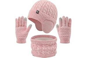 Cheerful Mario 4-10 Years Girls Winter Hat Snood and Gloves Set Kids Beanie Hat with Earmuff Warm Fleece Lining Touchscreen Gloves