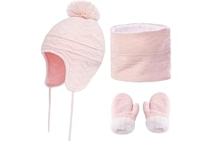 CheChury Sombrero de Invierno Bufanda para Niñas Niños Gorro y Bufanda Mitones de Punto Bebés y Niños Pequeños Gorro de Invierno con Color Puro Sombrero de Pompón Niñas Niños 1-6 Años