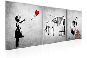 Runa Art - Bilder Banksy Street Art 120 x 40 cm 3 Teilig Wandbild auf Vlies Leinwand Schwarz Weiss Mehrteilig Modern 029233a