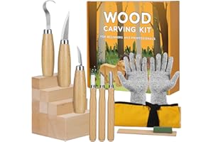 YHLAWM Zestaw narzędzi do rzeźbienia w drewnie, 18 w 1, zestaw narzędzi do rzeźbienia w drewnie, z 8 klockami do rzeźbienia z drewna lipowego, 6 narzędzi do wybielania, rękawiczek, temperówki, płóciennej