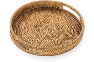 Sziqiqi Bandeja de Servicio de Ratán con Asas 35cm bandejas de Mimbre Tejidas a Mano Bandeja de Ratán Bandeja Decorativa Rústica para Desayuno, Bebidas, Refrigerios, Pan para Mesa de Café Bar