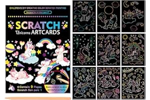 Kireida 9 hojas de imágenes para rascar para niños, papel rascador de unicornio, 1 lápiz de madera, regalo de manualidades para niños a partir de 3 años, niñas, niños, cumpleaños, 14 x 19 cm
