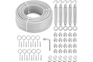 hannger M6 Turnbuckles for Cables Wire Kit, 5MM PVC Coated Steel Cable Kit w/ 7×7 Strand Core & 30M Wire Rope Tensioner Strainer for String Light Hanging/Deck Stair Railing/Shade Sail/Clothes Line