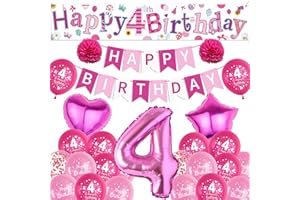 Sroeeshee 4th Birthday Decorations Girls - Rose Pink Large Happy 4th Birthday Yard Banner, Stars Number 4 Foil Balloons and Paper Pompoms for 4 Year Olds Party