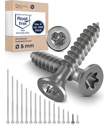 Terrasschroeven 5 x 60 roestvrij staal V2A torx-schroeven, 5 mm dik, 250 stuks torx-houtschroeven, 60 mm lang, gehard roestvrij staal, inclusief 1 x Torx- bits