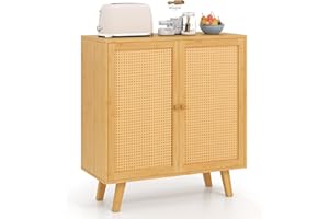 COSTWAY Kredens z 2 drzwiami rattanowymi, szafka kuchenna z bambusa z blatem roboczym, szafka bufetowa, komoda, nowoczesna, do kuchni, jadalni, salonu, 80 x 34,5 x 85 cm, kolor naturalny
