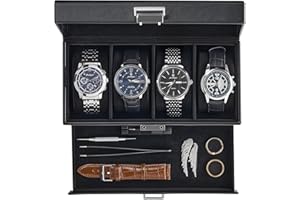 ProCase Caja para 4 Relojes, Estuche de Reloj de Doble Nivel con Tapa de Cristal, Organizador para Relojes, Anillos y Pulseras, Regalo Ideal para Navidad, Cuero Sintético-Negro