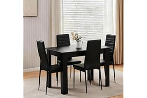 Menaka Modern Black Dining Room Table Wooden and Pu Leather Chairs Set of 4 for Small Space, 5pcs Kitchen Rectangular Table with 4 Chairs Set Space-saving (black table and 4 black leather chairs)