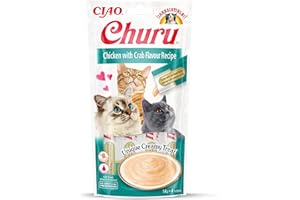 INABA Churu - Friandises pour Chats en Purée au Poulet et Crabe - Délicieux Snacks pour Félins - Texture Lisse et Onctueuse - Nourriture pour Chats - 4 Tubes x 14g