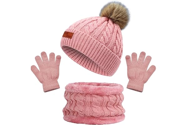 Bonnet Enfant Tricoté Tour de Cou Chaud Gants Hiver Ensemble 3 Pièces Chapeau Écharpe Tricot Doublure Épaisse pour Fille Garçon (3-5 Ans)