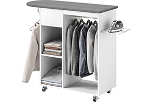 HOMCOM Armoire à Repasser en Bois, Table à Repasser avec roulettes, Barre de Suspension pour vêtements, étagère Ouverte, pour Salon, Chambre, 125 x 43,5 x 102,5 cm, Blanc