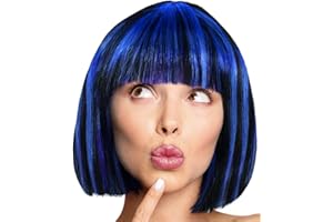 BALINCO Peluca Bob Peluca Cabaret Pageboy Charleston Pelucas para Carnaval/Disfraces y Fiestas de Lemas - 18 COLORES (Negro con mechas azules)