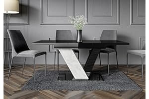 GENERIC Extendable Marble Effect Dining Table, Elegant Modern Design, Sturdy Construction, Ideal for Dining Rooms, Easy-to-Clean | Accommodates Up to 6 People | 120-160 cm Length, White (Black Gloss)
