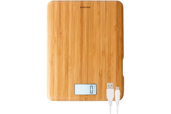 Salter 1094 WDDR Eco Balance de Cuisine Digitale en Bambou, Rechargeable de USB, Affichage LCD Retroéclairé, Pèse Aliment et Liquide Électronique, Ajoutez & Pesez, Capacité Max. 5KG, Incréments de 1g