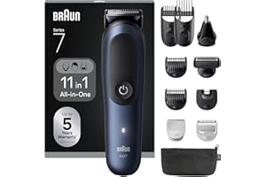‎BRAUN Braun All-in-One Trimmer-Set 7, 11-in-1 Multigroom, Barttrimmer, Nasenhaartrimmer, Haarschneidemaschine für Gesicht, Kopf und Körper, 120 Min Akku, 14 Längen (3–21 mm), Wasserdicht, AIO7540, Blau
