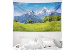 ABAKUHAUS Paisaje Tapiz de Pared y Cubrecama Suave, Follaje Flor floreciente, Colores Firmes y Durables, 230 x 140 cm, Verde Cielo Azul