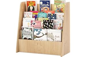 COSTWAY Kids Bookshelf, 4 Tier Children Bookcase with Deep Compartments, Front-Facing Books Display Rack for Playroom, Daycare, Kid’ Room (Natural)