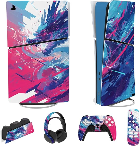 playvital Full Set Skin Sticker for ps5 Slim Console Digital Edition (The New Smaller Design), Vinyl Skin Decal Cover for ps5 Controller & Headset & Charging Station & Media Remote - Neon Dragoon - 1