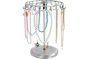 BELLE VOUS Expositores de Bisuteria Giratorio de Metal Plateado (23 Ganchos) – 34,8 x 20,5 cm – Torre Colgador Collares, Brazaletes, Anillos y Pendientes - Cuelga Collares de Mesa