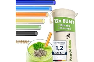 PandaBaw® Glasstrohhalme Bunt [NOTE "SEHR GUT"]- 12x Strohhalme Glas Lang 21.5cm & Kurz 15cm - Trinkhalme Glas Strohhalm Wiederverwendbar BPA frei - Glashalme bruchsicher mit Beutel Bürste & Rezepte