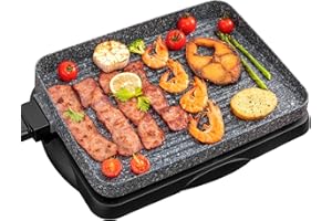 Electric Grill Machine BBQ Barbecue Indoor Grill Nonstick Smokeless Outdoor with 5 Level Temperature Adjustment Knob, Removable Drip Tray, Fast Heat Up 1500W, Grey BEZIA