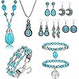 Morfetto Bohemian Jewelry Set - Women's Western Turquoise Pendant Necklace, Layered Wrap Bangle, Vintage Turquoise Dangle Earrings - Boho Style