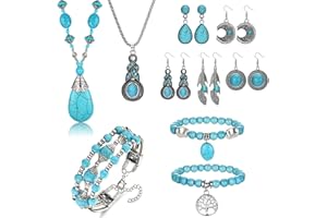 Morfetto Bohemian Turquoise Bijoux Set Femmes Western Turquoise Pendentif Collier Layered Wrap Bangle Bracelet Turquoise Vintage Turquoise Dangle Boucles d’Oreilles Boho Bijoux pour Femmes