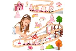 MOMOSTAR Academia Unicornios para Niñas, 74 Piezas Tren Madera Juguete con Elementos Decorativos como Castillos, Unicornios, Princesas Y Trenes Magnéticos, Regalo Juguetes Niña 3 4 5 Años