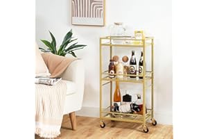 MAHANCRIS 3 Tier Bar Cart for Home, Kitchen Storage Island Serving Cart on Wheels, Tempered Glass Trolley, Rolling Beverage Cart for Bar, Dining Room, Gold ARCJ40B01