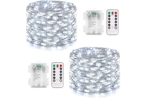 Vulisox Fairy Lights Battery Operated, 2Pack 12m 120LED Copper Wire Lights Outdoor String Light with Remote Control/8 Modes/Waterproof, Decorative Lights for Christmas, Garden, Home Indoor(Cold White)
