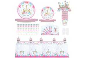 GOTFUN 97 Pcs Unicorn Party Supplies Unicorn Birthday Decorations Including Unicorn Paper Plates Cups Straws Unicorn Napkins and Reusable Cutlery Unicorn Table Cover for Serving Girls 16 Guests