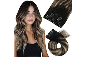 Moresoo Extension Cheveux Naturel a Clip Long Extension Clip Cheveux Humain Lisse Noir à Brun Foncé avec Blond Caramel Extension Clip 60 cm 7 Pièces/120g Couleur #1B/3/27